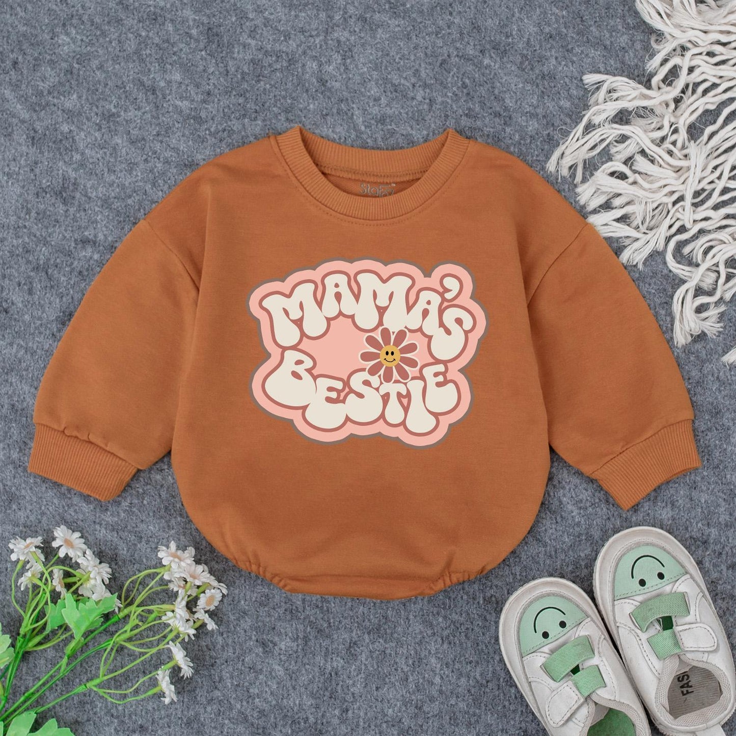 Mama's Bestie Romper, Retro Baby Bodysuit for Cool Moms! Playful Newborn Outfit, I Love Mom Gift, Vintage Little Girl Clothes, Big Sister Style 139 chars