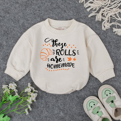 Homemade Rolls Fall Baby Outfit, Pumpkin Newborn Bubble Romper, Thanksgiving Bodysuit, Playful Autumn Kid Sweatshirt, Spooky Babe Clothes, Gift 139