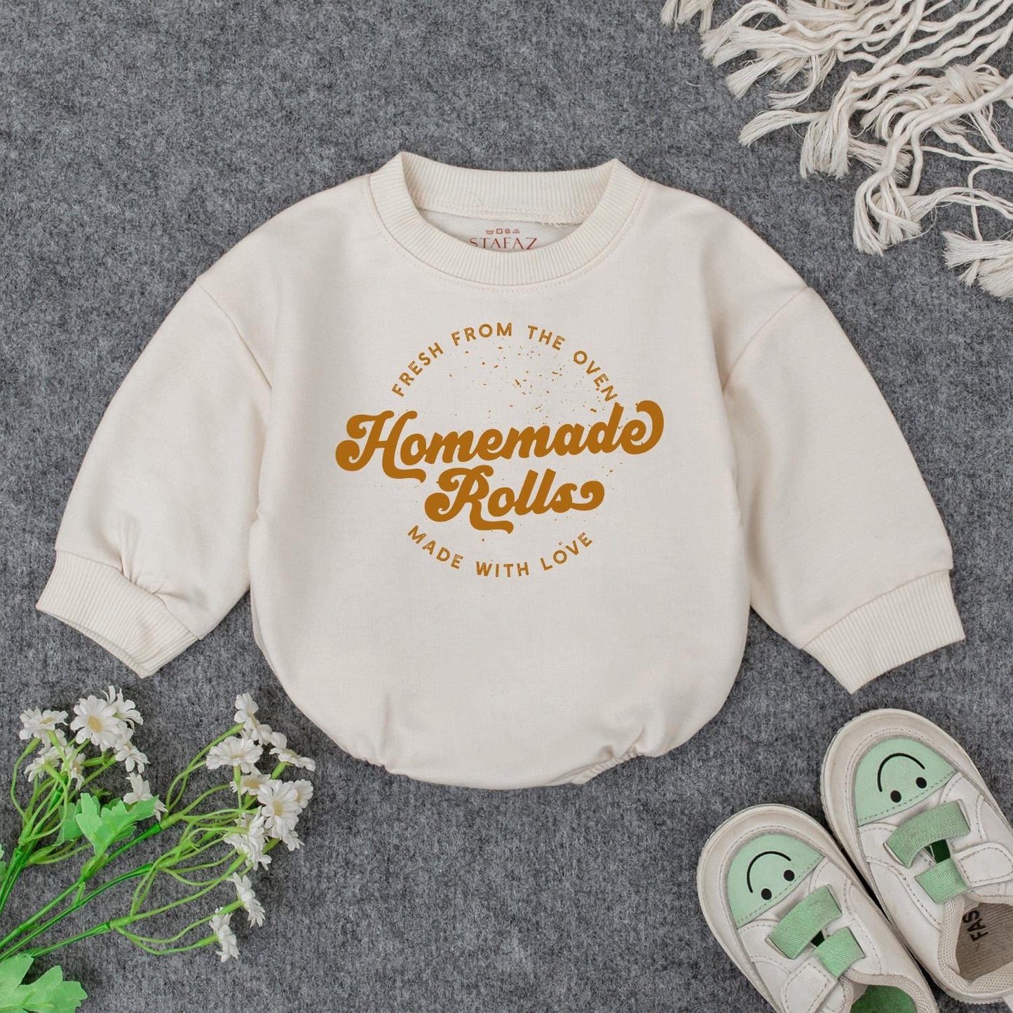 Fresh Homemade Rolls Baby Romper Retro Fall Toddler Sweater Thanksgiving Outfit Funny Food Pun Infant Clothes Made with Love Gift White Nostalgic Design (136)