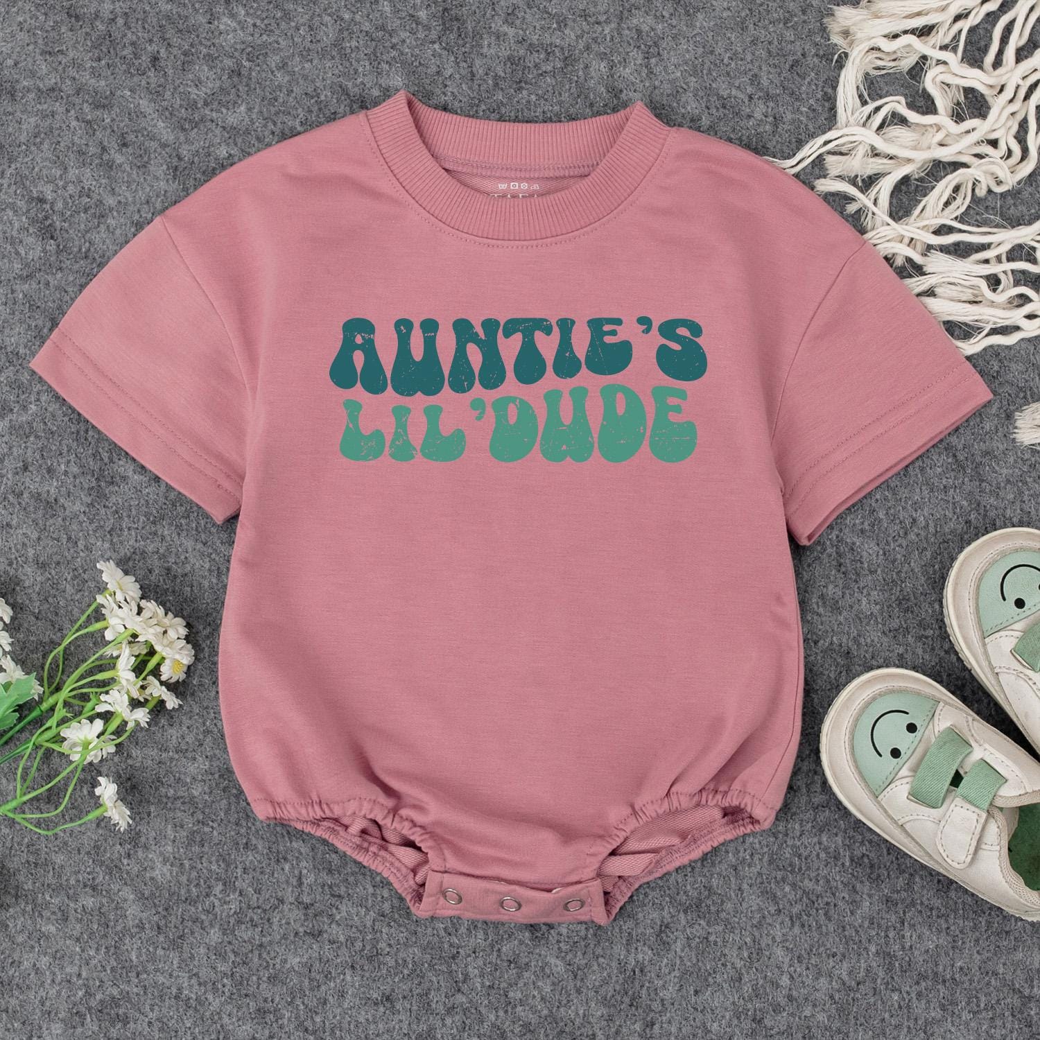 Auntie's Lil' Dude Baby Bodysuit - Retro Blue & Green Design, Soft Cotton, Baby Gift from Auntie, New Aunt Announcement, Baby Shower Gift