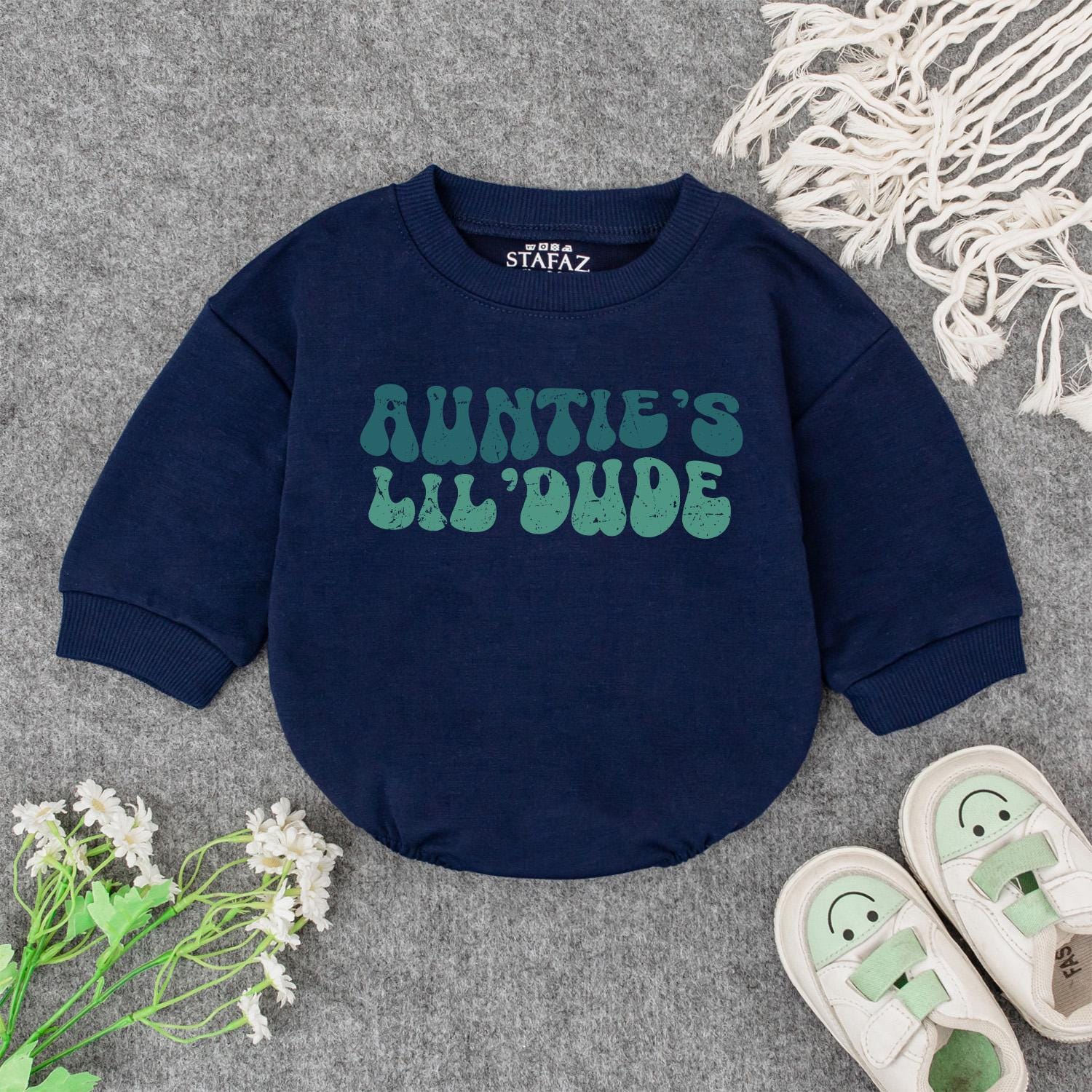 Auntie's Lil' Dude Baby Bodysuit - Retro Blue & Green Design, Soft Cotton, Baby Gift from Auntie, New Aunt Announcement, Baby Shower Gift
