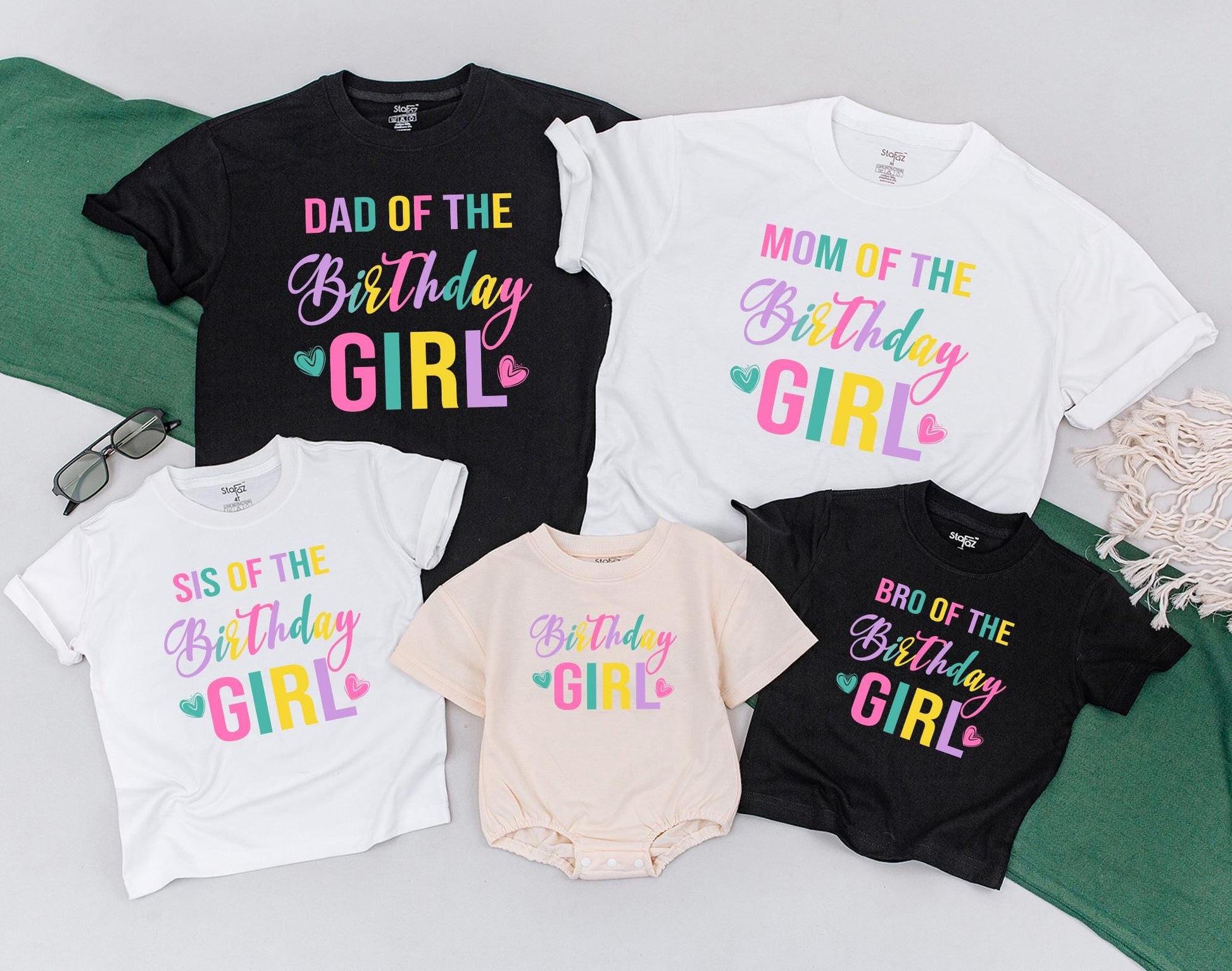 Vibrant Colorful Birthday Girl Family Matching Shirts Mom Dad Kids Fun Celebration Party Outfit Soft Comfortable Cotton Tee Gift Idea