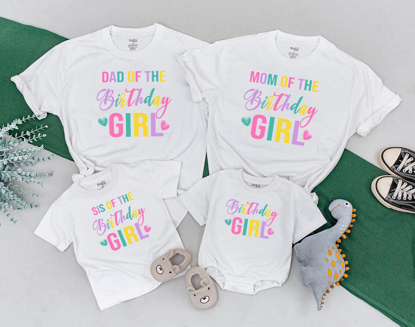 Vibrant Colorful Birthday Girl Family Matching Shirts Mom Dad Kids Fun Celebration Party Outfit Soft Comfortable Cotton Tee Gift Idea