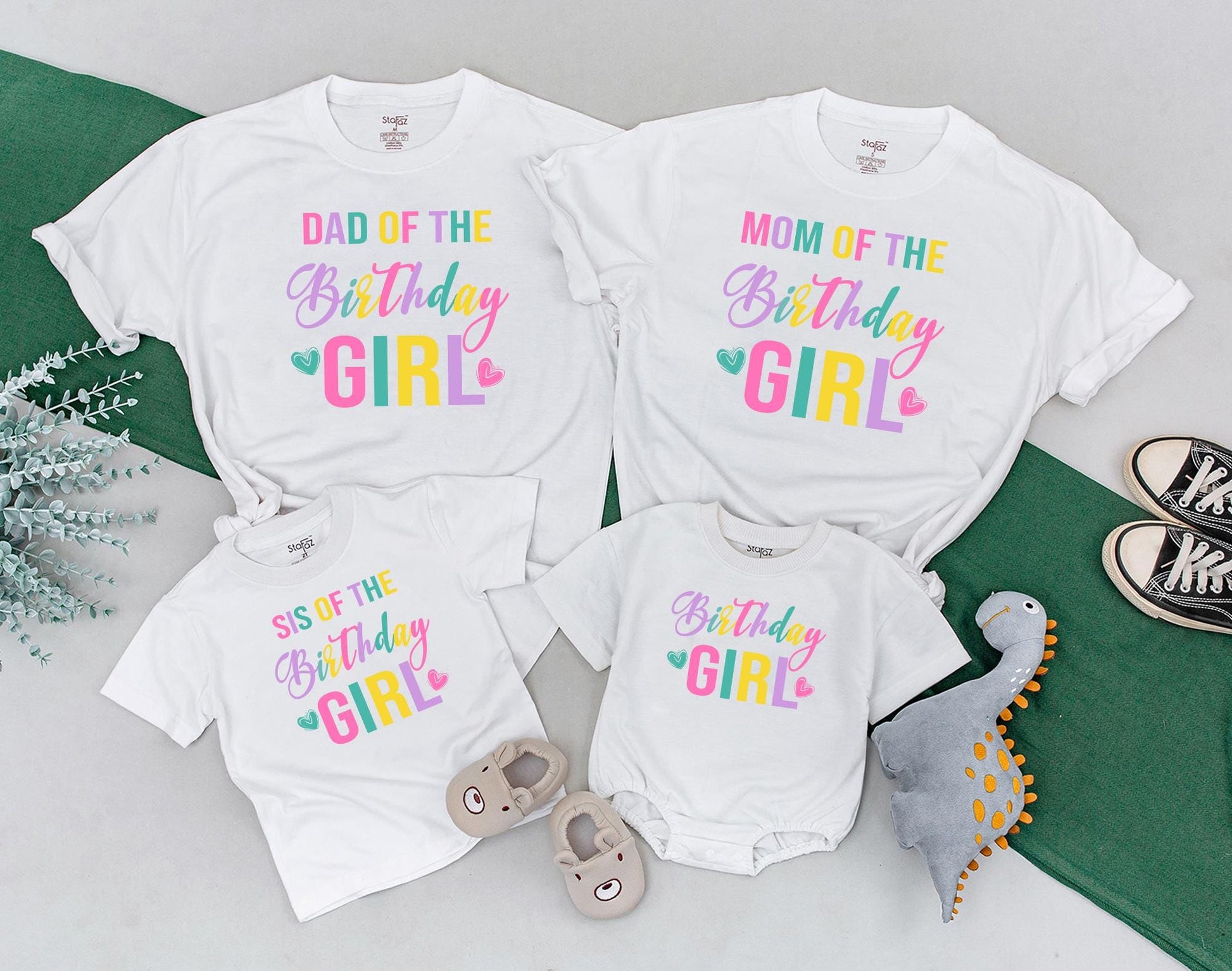 Vibrant Colorful Birthday Girl Family Matching Shirts Mom Dad Kids Fun Celebration Party Outfit Soft Comfortable Cotton Tee Gift Idea