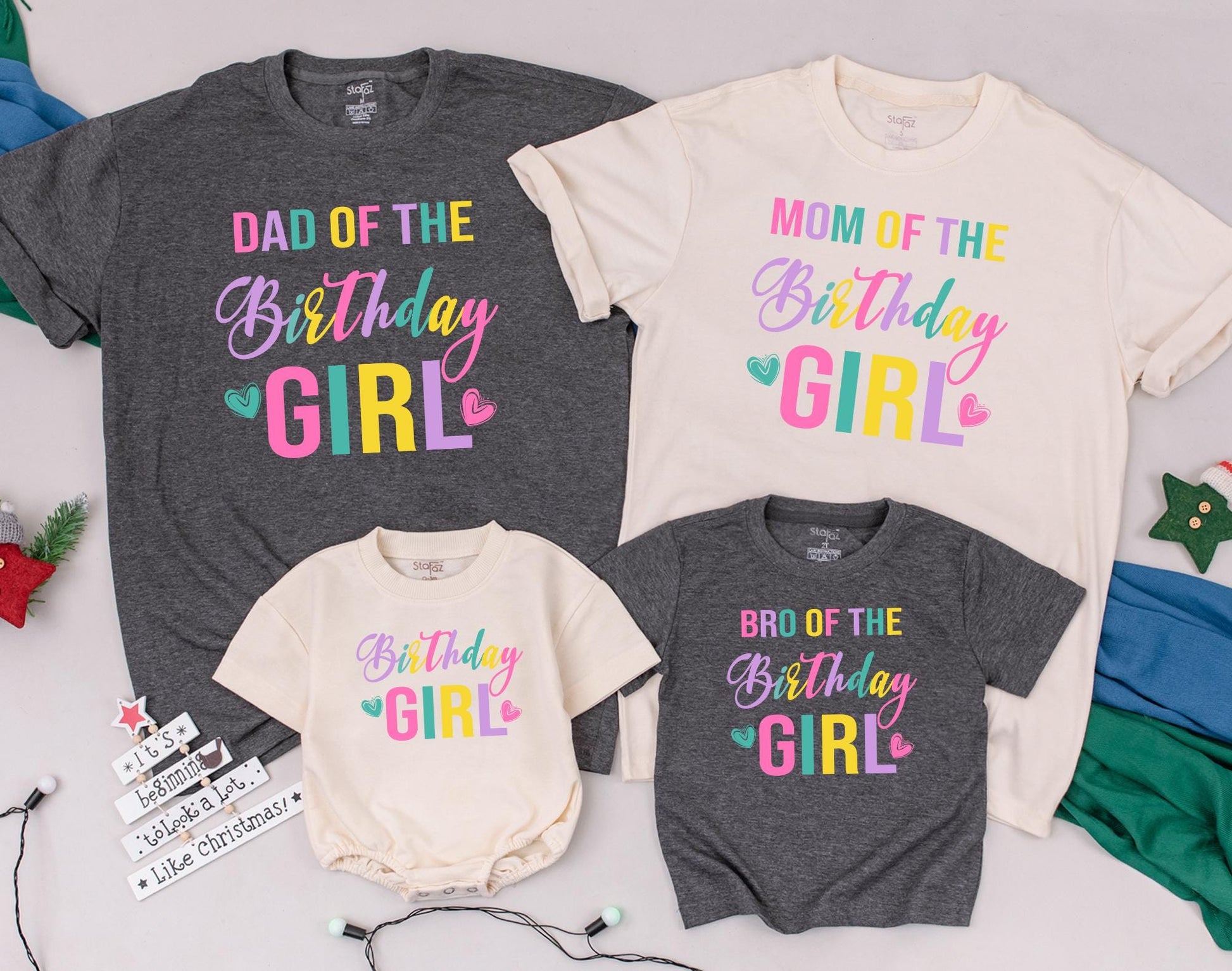Vibrant Colorful Birthday Girl Family Matching Shirts Mom Dad Kids Fun Celebration Party Outfit Soft Comfortable Cotton Tee Gift Idea