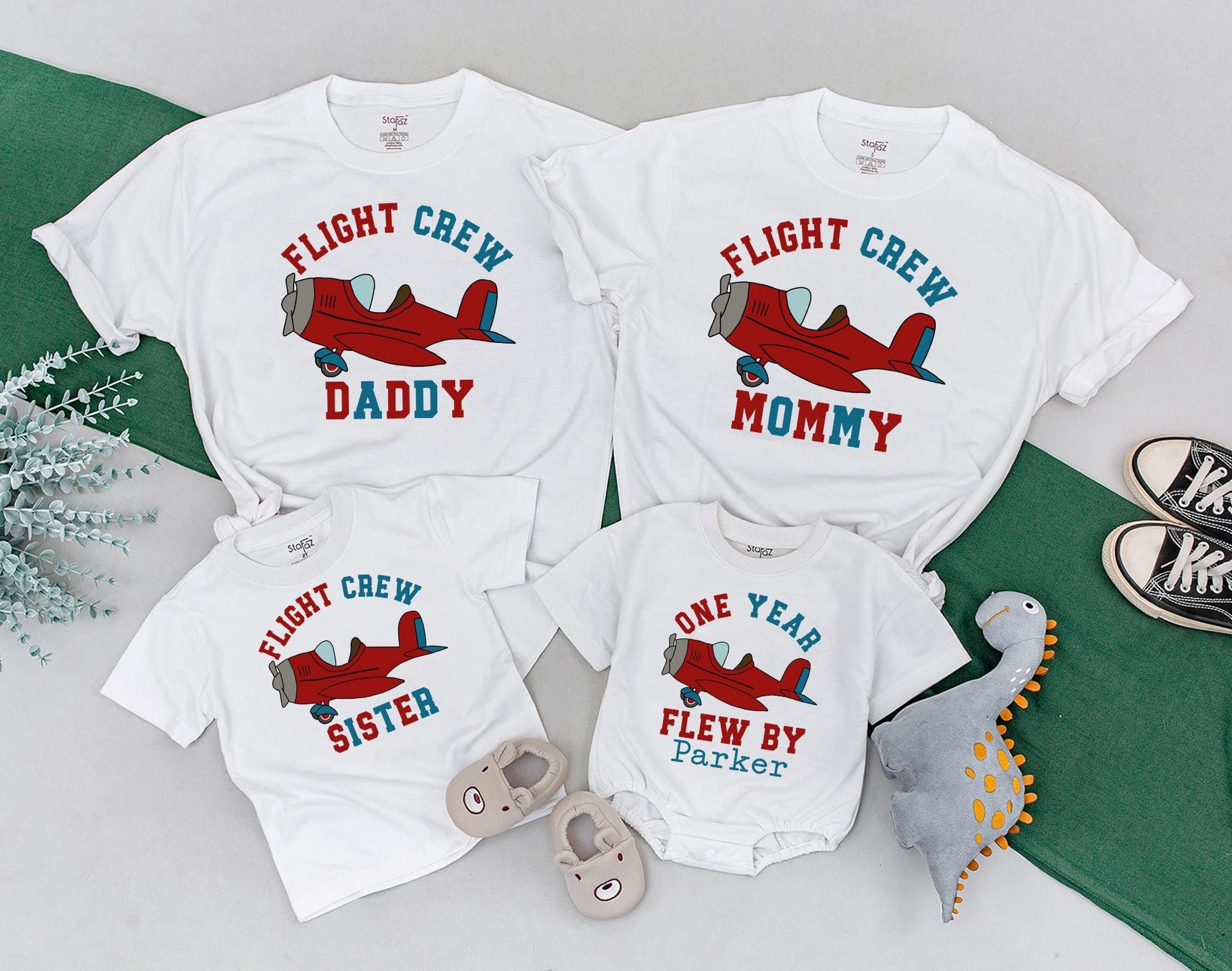 First Birthday Flight Crew Family Shirts: Custom Names Airplane Party Outfit, Birthday Boy's One Year Flew By, Dad Mom Brother Sister