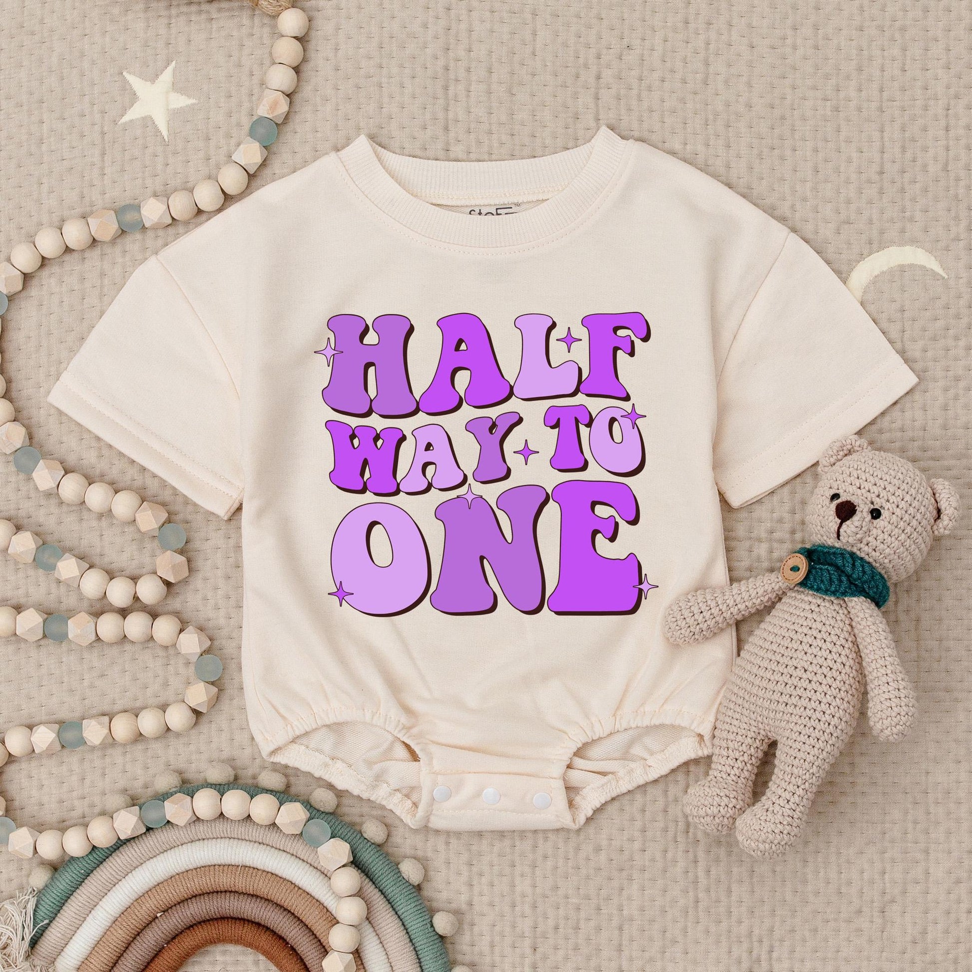 Half Way to One Groovy Birthday Romper Purple Bubble Letters Stars Baby Shower Gift First Birthday Outfit