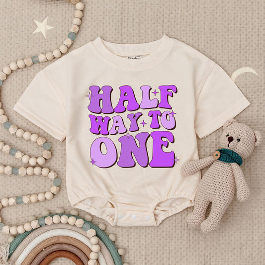 Half Way to One Groovy Birthday Romper Purple Bubble Letters Stars Baby Shower Gift First Birthday Outfit