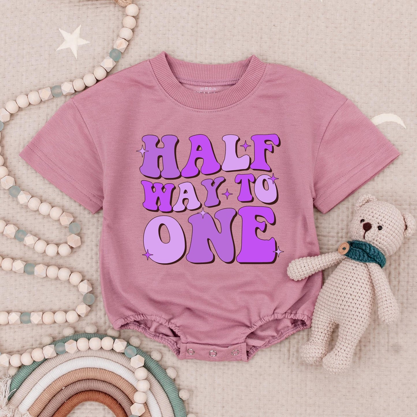 Half Way to One Groovy Birthday Romper Purple Bubble Letters Stars Baby Shower Gift First Birthday Outfit