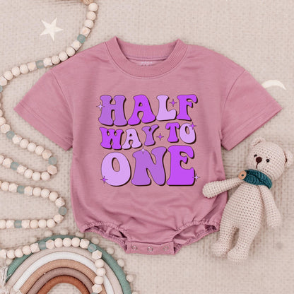 Half Way to One Groovy Birthday Romper Purple Bubble Letters Stars Baby Shower Gift First Birthday Outfit
