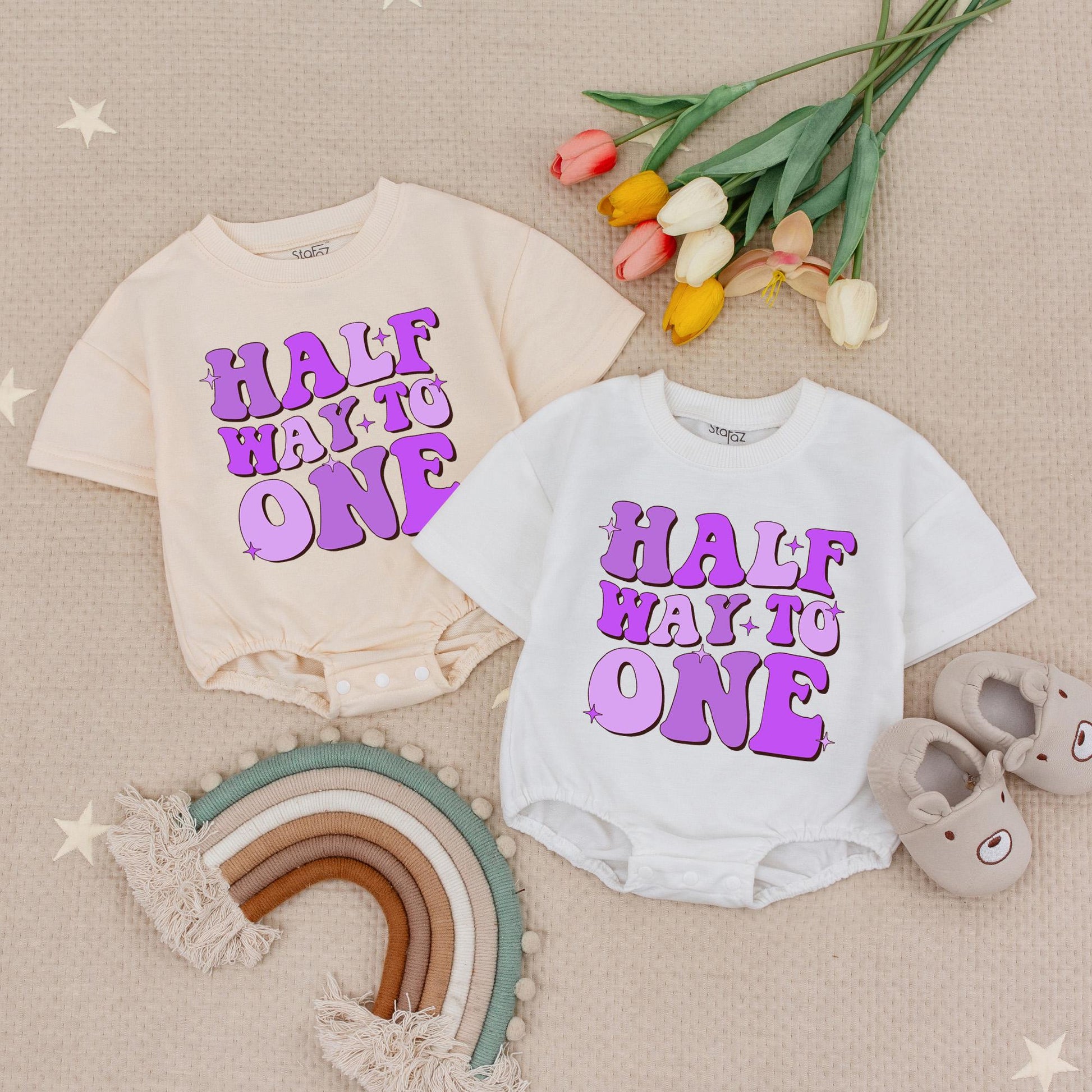 Half Way to One Groovy Birthday Romper Purple Bubble Letters Stars Baby Shower Gift First Birthday Outfit