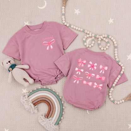Hannah's Bow Romper: Baby Girl Clothes with Cute Pink Ribbon & Watercolor Bows, Newborn Outfit, Whimsical Bows Bodysuit, Soft Cotton First Baby Romper