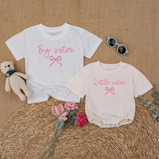 Pink Bow Big Sister Little Sister Matching Outfits Baby Girl Bubble Romper Toddler Tee Sibling Sister Set