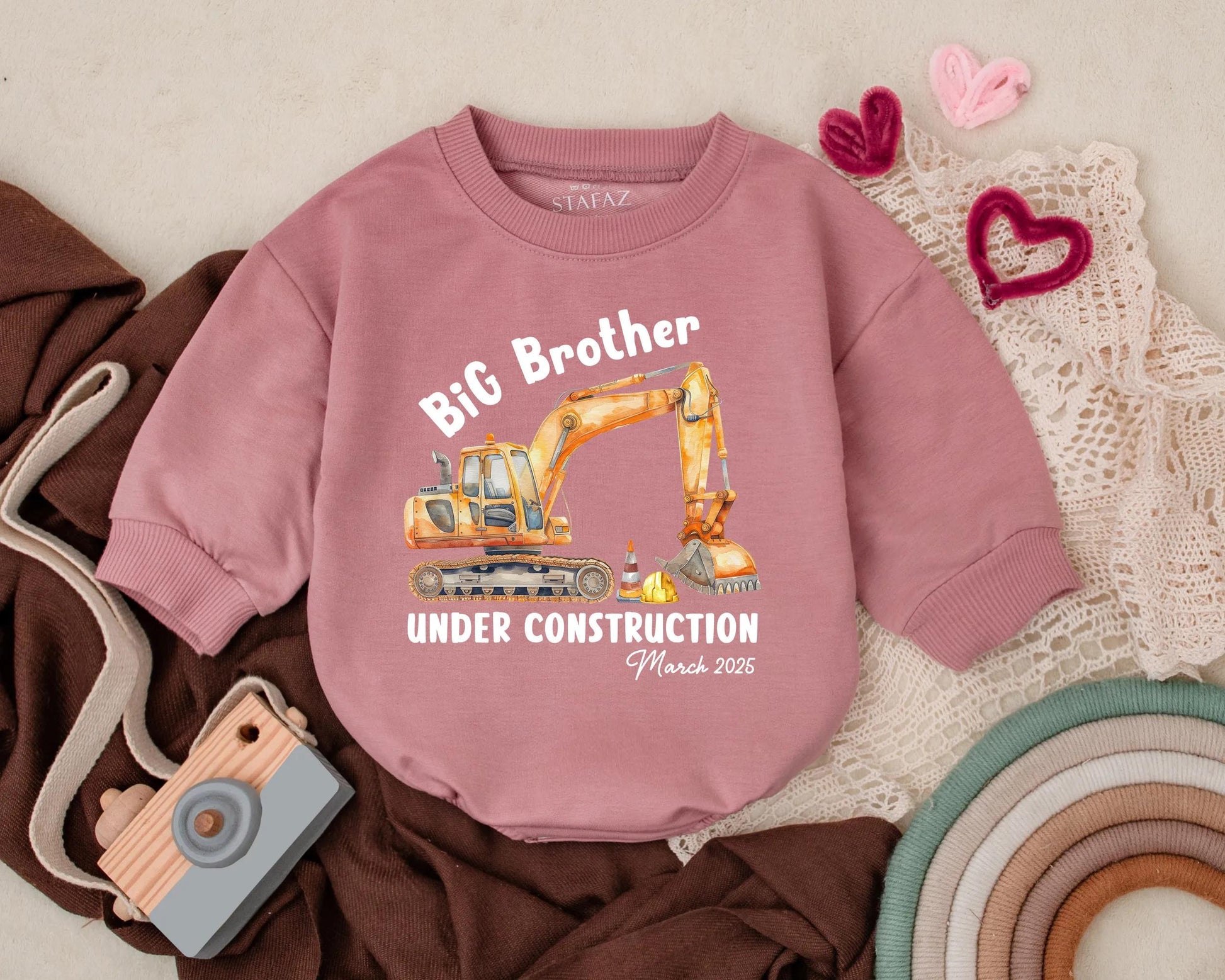 Big Brother Under Construction Baby Romper Personalized Pregnancy Announcement Outfit Due Date Construction Theme Gift