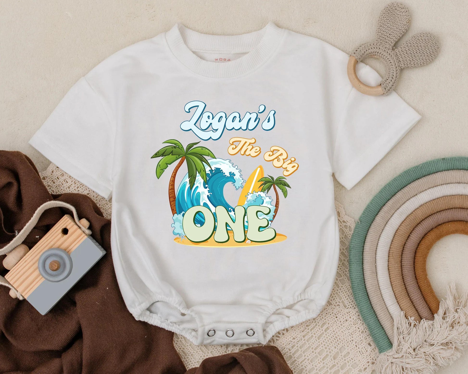 The Big One Bubble Romper Custom Surf Birthday Shirt Beach Theme Party Outfit Personalized Boy First Birthday Gift