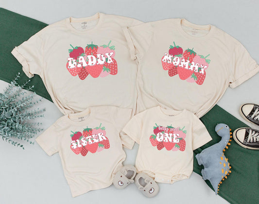 Strawberry Sweet One First Birthday Family Matching T-shirt Mommy and Me Daddy Outfit Berry First Birthday Party Mama 1st Birthday Shirt