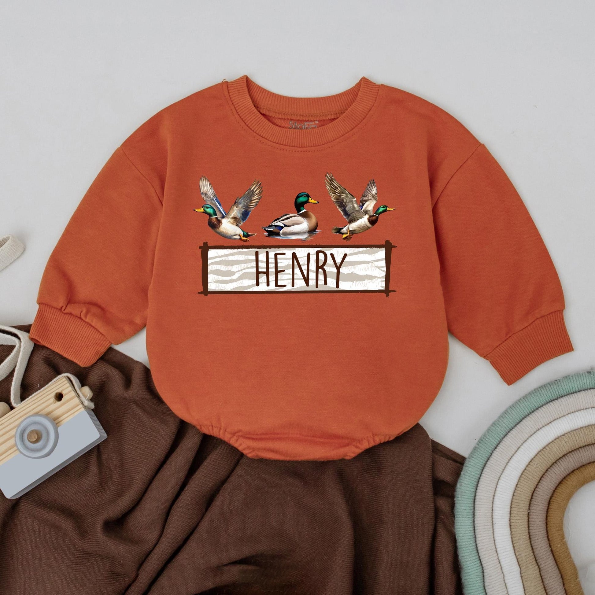 Personalized Mallard Duck Hunting Romper - Baby Boy First Birthday Outfit, Newborn Bodysuit, Duck Lover Gift, Camo Baby Clothes
