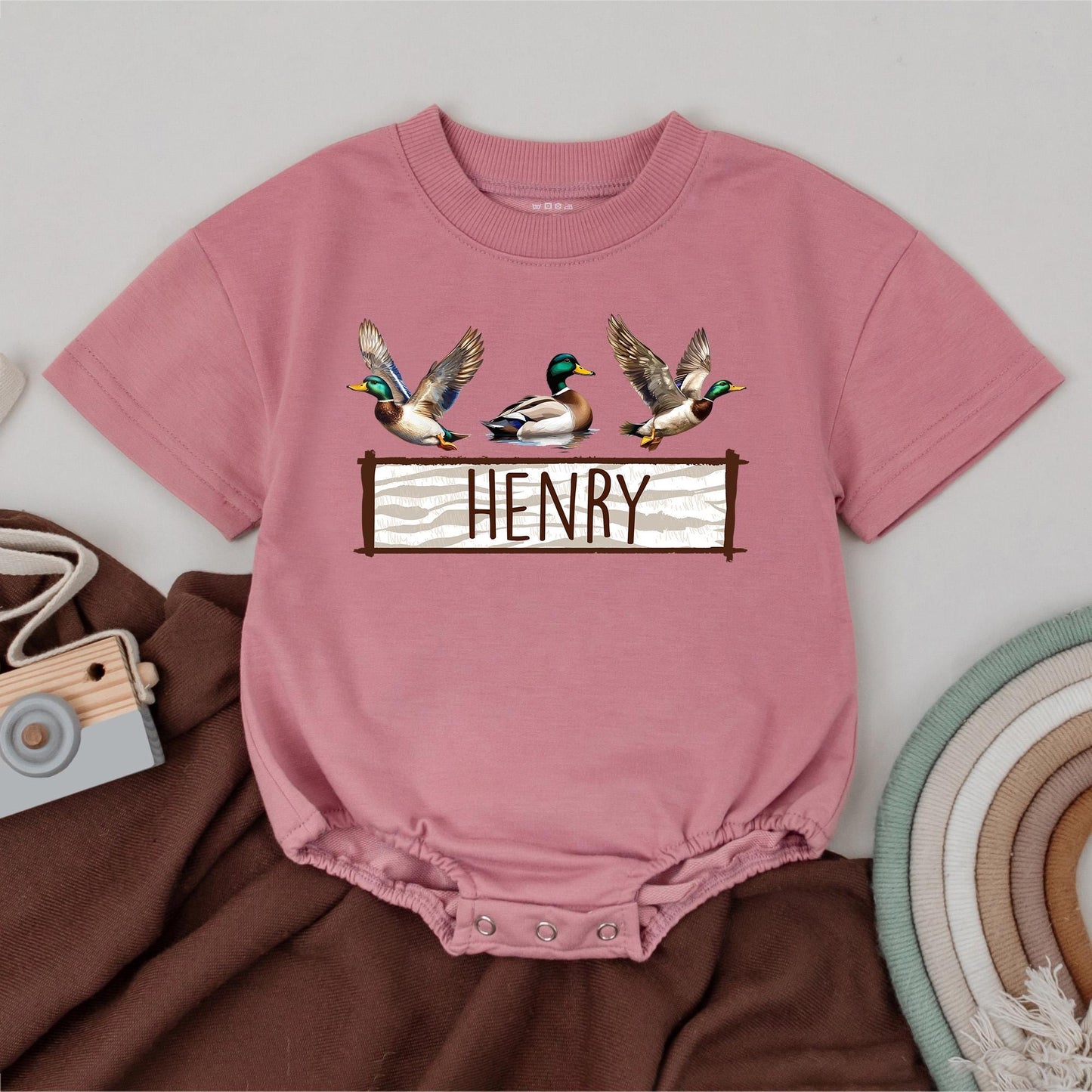 Personalized Mallard Duck Hunting Romper - Baby Boy First Birthday Outfit, Newborn Bodysuit, Duck Lover Gift, Camo Baby Clothes