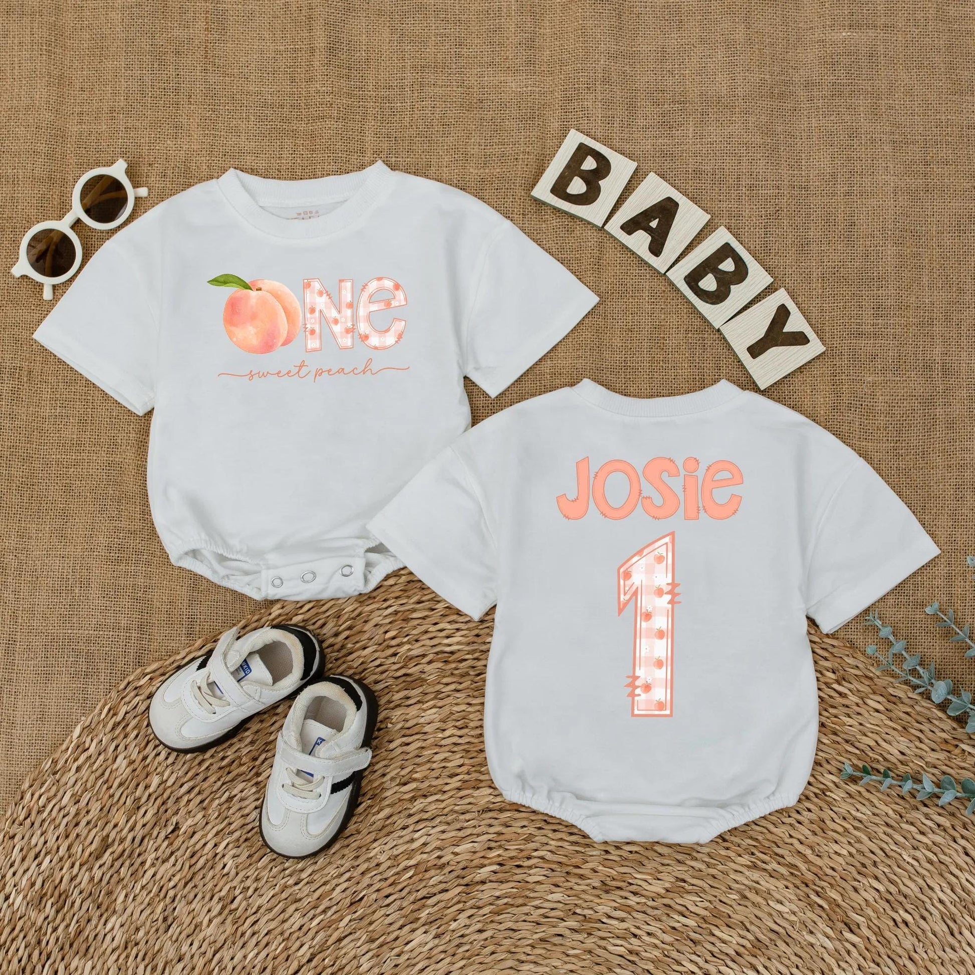 Sweet Peach First Birthday Romper Baby Girl Outfit Personalized Name Summer Party Gift 1st Birthday Bodysuit Peach Lover