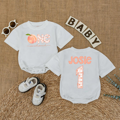 Sweet Peach First Birthday Romper Baby Girl Outfit Personalized Name Summer Party Gift 1st Birthday Bodysuit Peach Lover