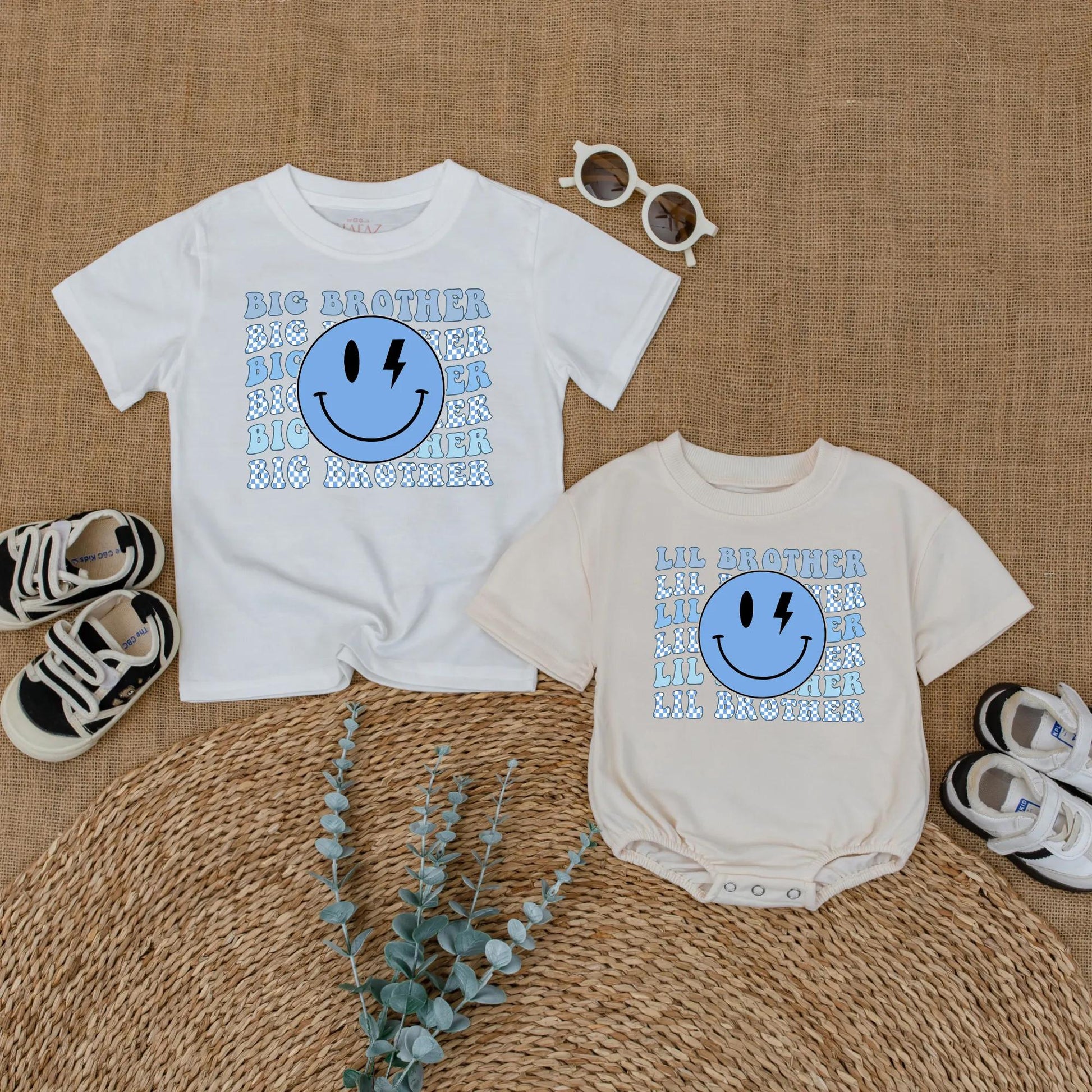 Big Brother Little Brother Matching Shirts for Siblings with Blue Lightning Smiley Face Graphic and Checkerboard Accents Ideal for Baby Announcement or Hospital Coming Home Outfit New Brother Gift