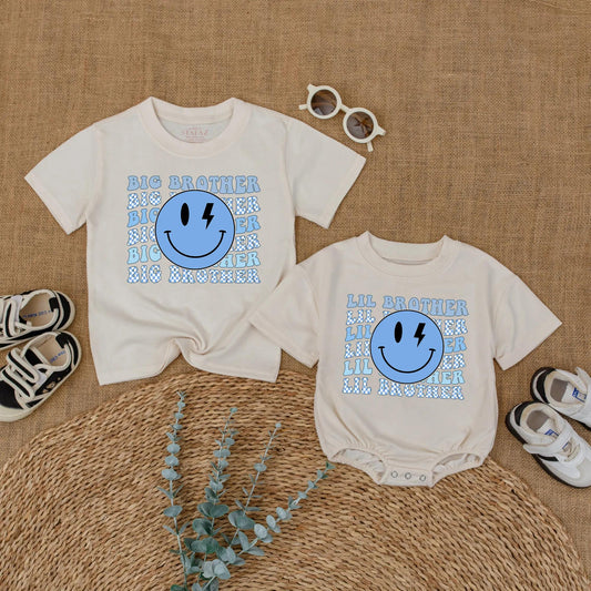 Big Brother Little Brother Matching Shirts for Siblings with Blue Lightning Smiley Face Graphic and Checkerboard Accents Ideal for Baby Announcement or Hospital Coming Home Outfit New Brother Gift