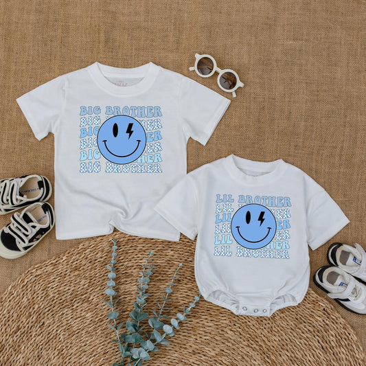 Big Brother Little Brother Matching Shirts for Siblings with Blue Lightning Smiley Face Graphic and Checkerboard Accents Ideal for Baby Announcement or Hospital Coming Home Outfit New Brother Gift