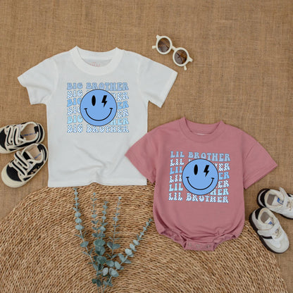 Big Brother Little Brother Matching Shirts for Siblings with Blue Lightning Smiley Face Graphic and Checkerboard Accents Ideal for Baby Announcement or Hospital Coming Home Outfit New Brother Gift