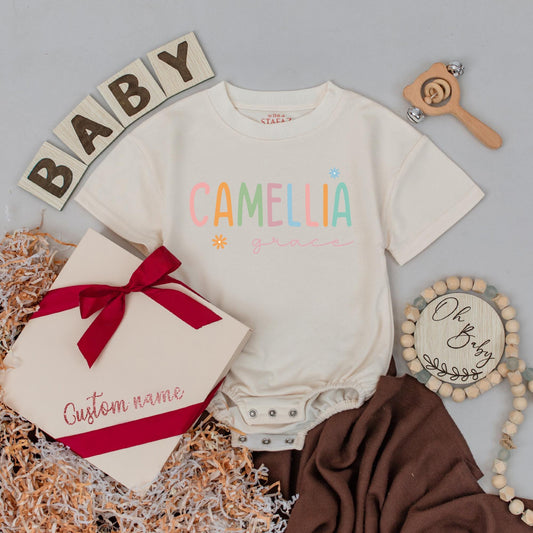 Custom Pastel Name Bubble Romper for Baby Girls a Soft Personalized Newborn Keepsake and Unique Baby Shower Gift
