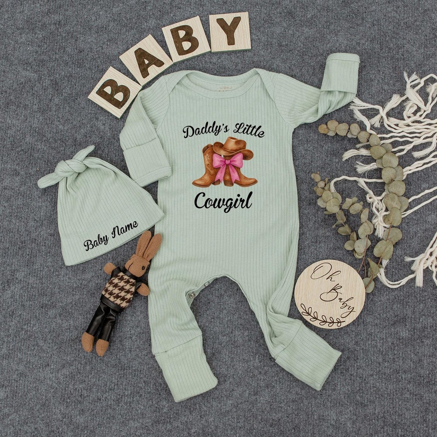 Daddy's Little Cowgirl Baby Bodysuit Personalized, Cute Father's Day Gift, Brown Cowboy Boots with Pink Ribbon, Country Girl Going Home Outfit, Infant, 138 chars