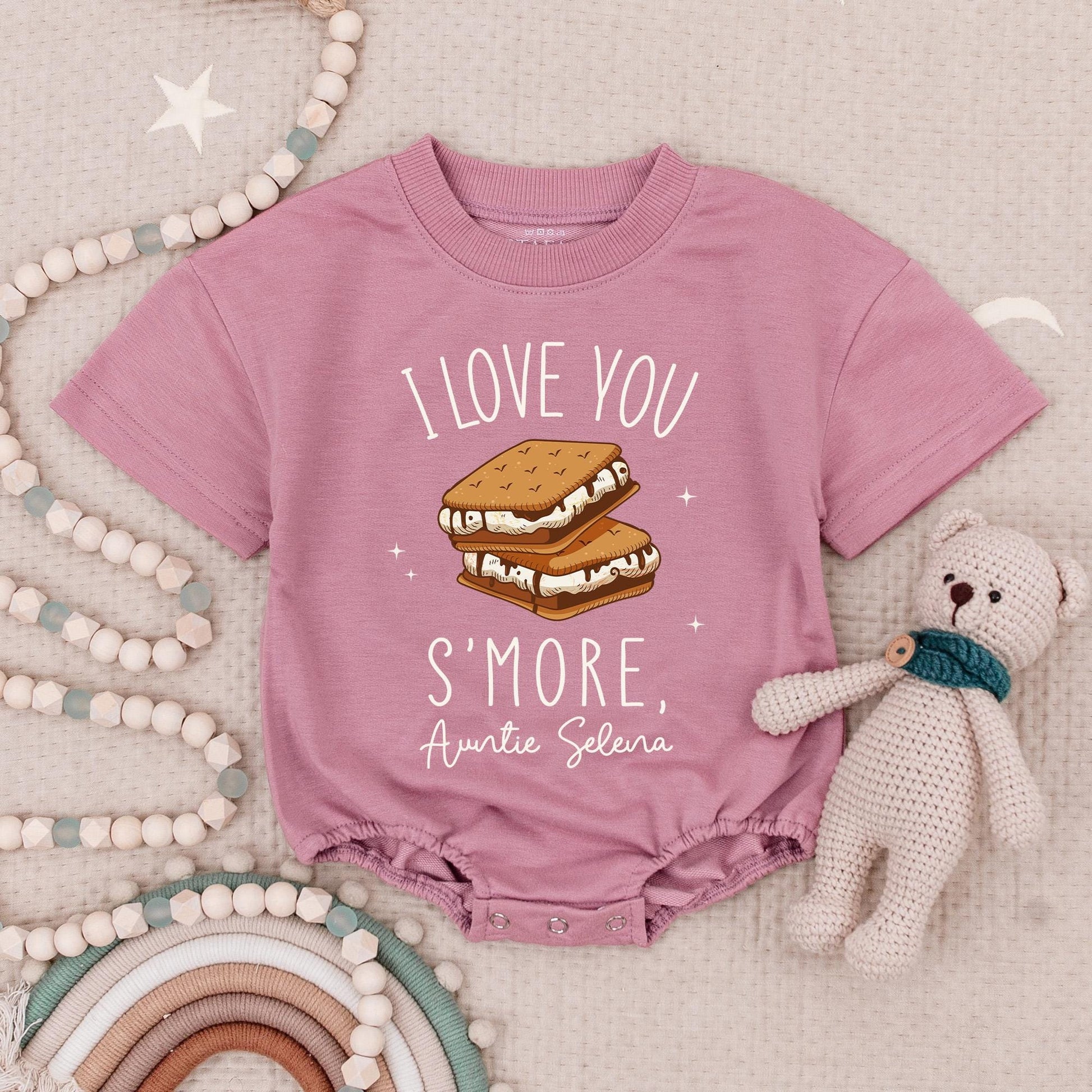 I Love You S'more Auntie Selena Baby Romper, Cute Auntie Gift Outfit, Personalized Auntie's Girl Babysuit, Funny Newborn Clothes Sparkly Smores Design (139 chars)