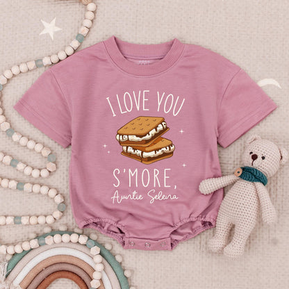 I Love You S'more Auntie Selena Baby Romper, Cute Auntie Gift Outfit, Personalized Auntie's Girl Babysuit, Funny Newborn Clothes Sparkly Smores Design (139 chars)