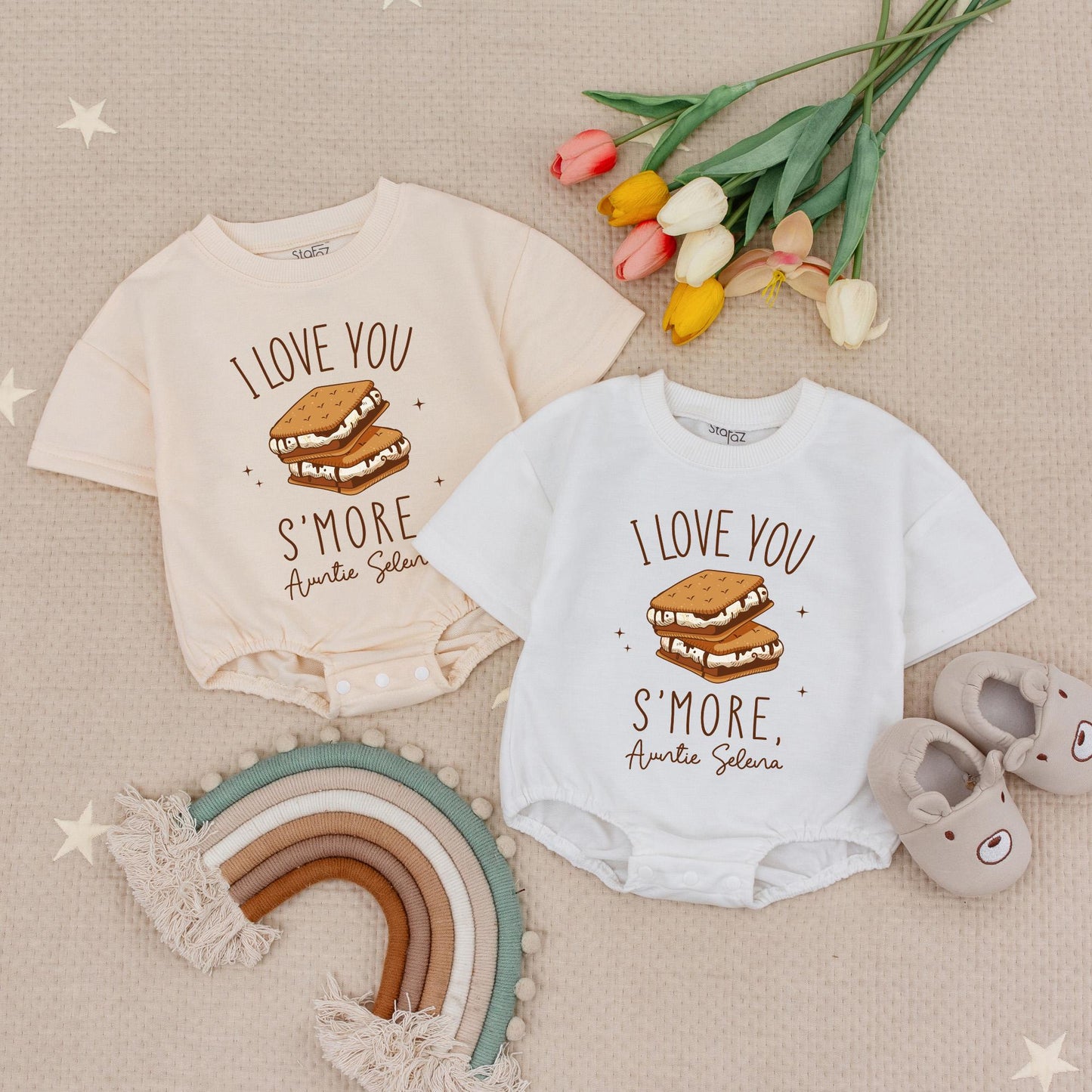 I Love You S'more Auntie Selena Baby Romper, Cute Auntie Gift Outfit, Personalized Auntie's Girl Babysuit, Funny Newborn Clothes Sparkly Smores Design (139 chars)