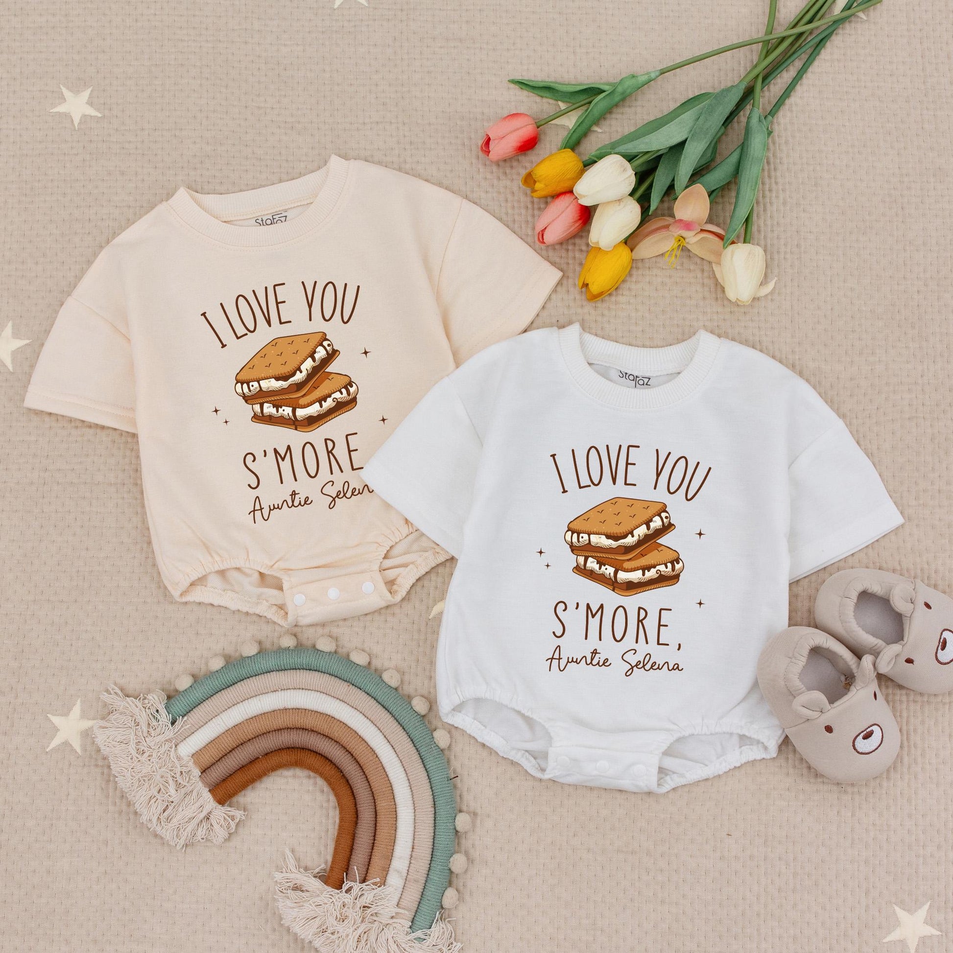 I Love You S'more Auntie Selena Baby Romper, Cute Auntie Gift Outfit, Personalized Auntie's Girl Babysuit, Funny Newborn Clothes Sparkly Smores Design (139 chars)
