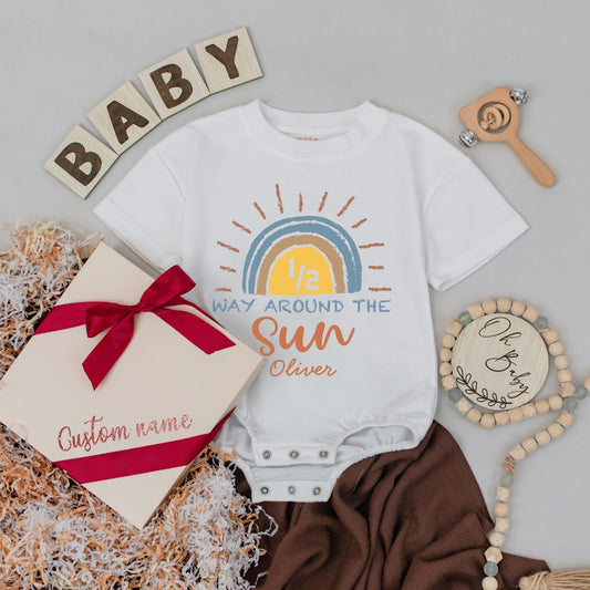 Personalized Halfway to One Baby Romper 1/2 Way Around the Sun Outfit 6 Month Milestone Bubble Gift