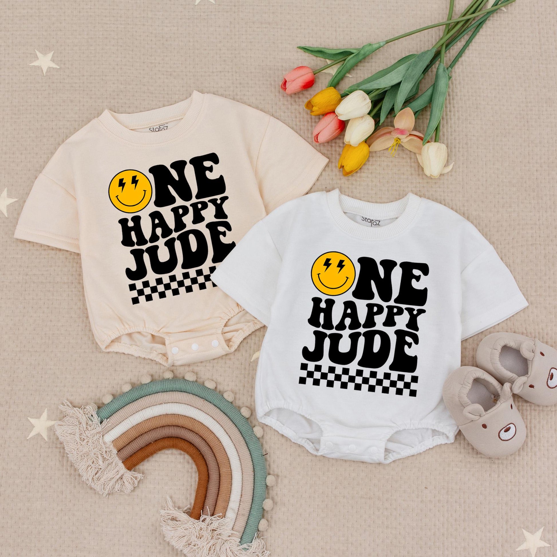 Personalized One Happy Jude Romper First Birthday Bodysuit Retro Smiley Face Outfit Baby Custom Name Checkerboard Clothes Party Gift, Boy or Girl (139 chars)