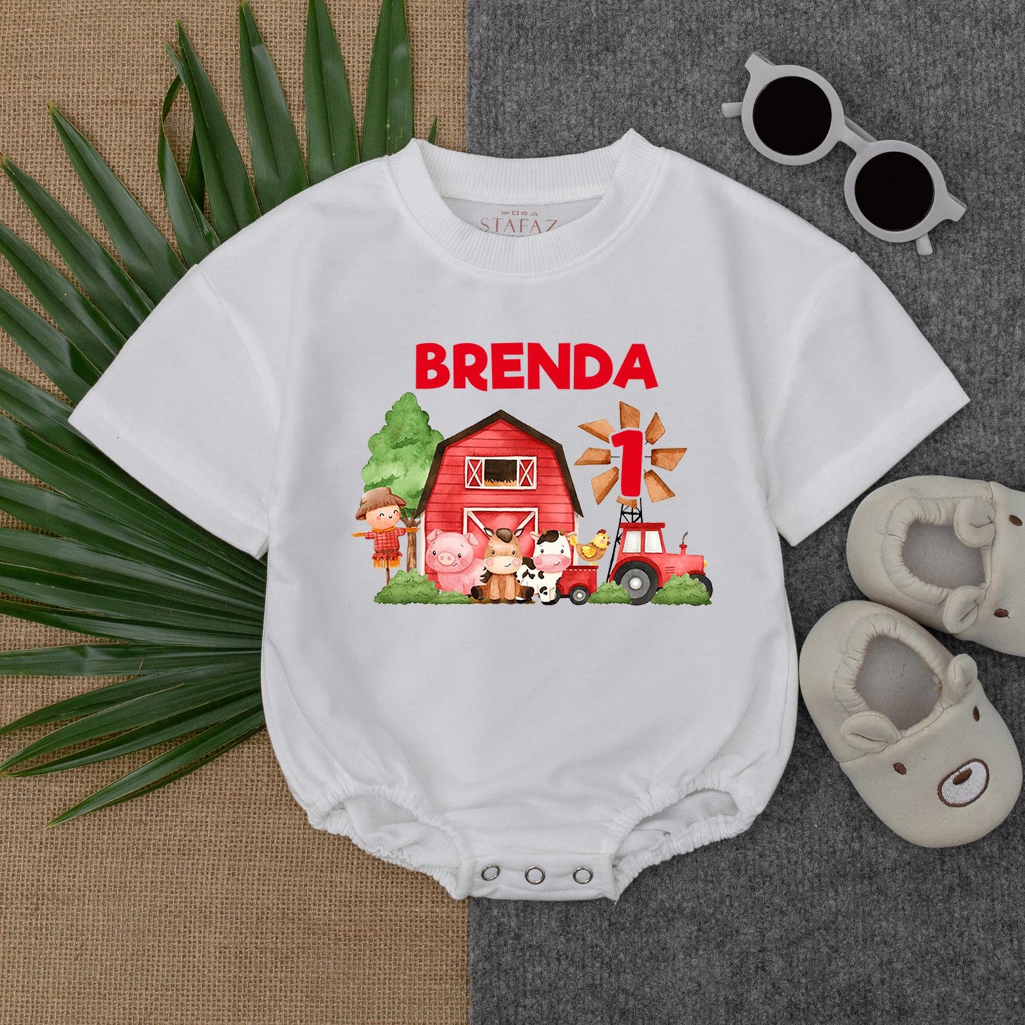 Personalized Farm Theme 1st Birthday Bubble Romper for Baby Boy with Name, Funny Farm Animal T-Shirt Bodysuit Soft Cotton Gift