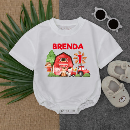 Personalized Farm Theme 1st Birthday Bubble Romper for Baby Boy with Name, Funny Farm Animal T-Shirt Bodysuit Soft Cotton Gift