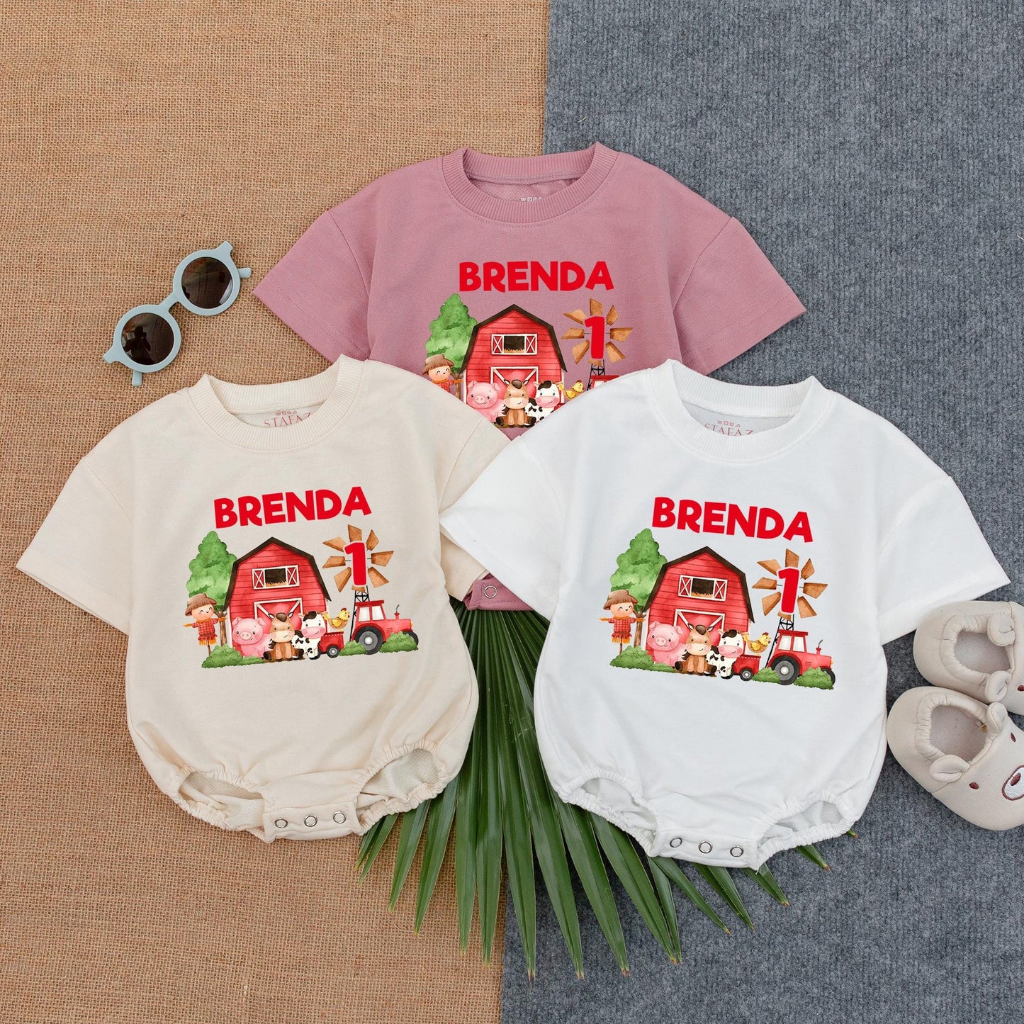 Personalized Farm Theme 1st Birthday Bubble Romper for Baby Boy with Name, Funny Farm Animal T-Shirt Bodysuit Soft Cotton Gift