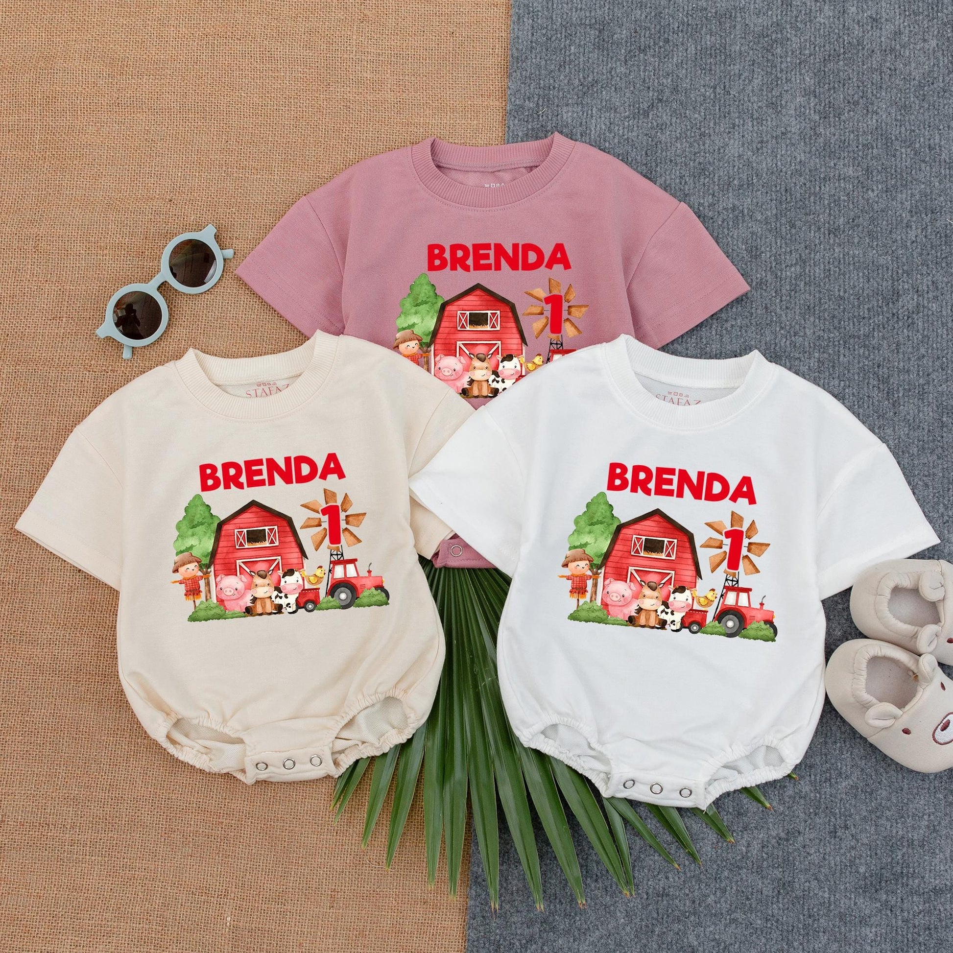 Personalized Farm Theme 1st Birthday Bubble Romper for Baby Boy with Name, Funny Farm Animal T-Shirt Bodysuit Soft Cotton Gift