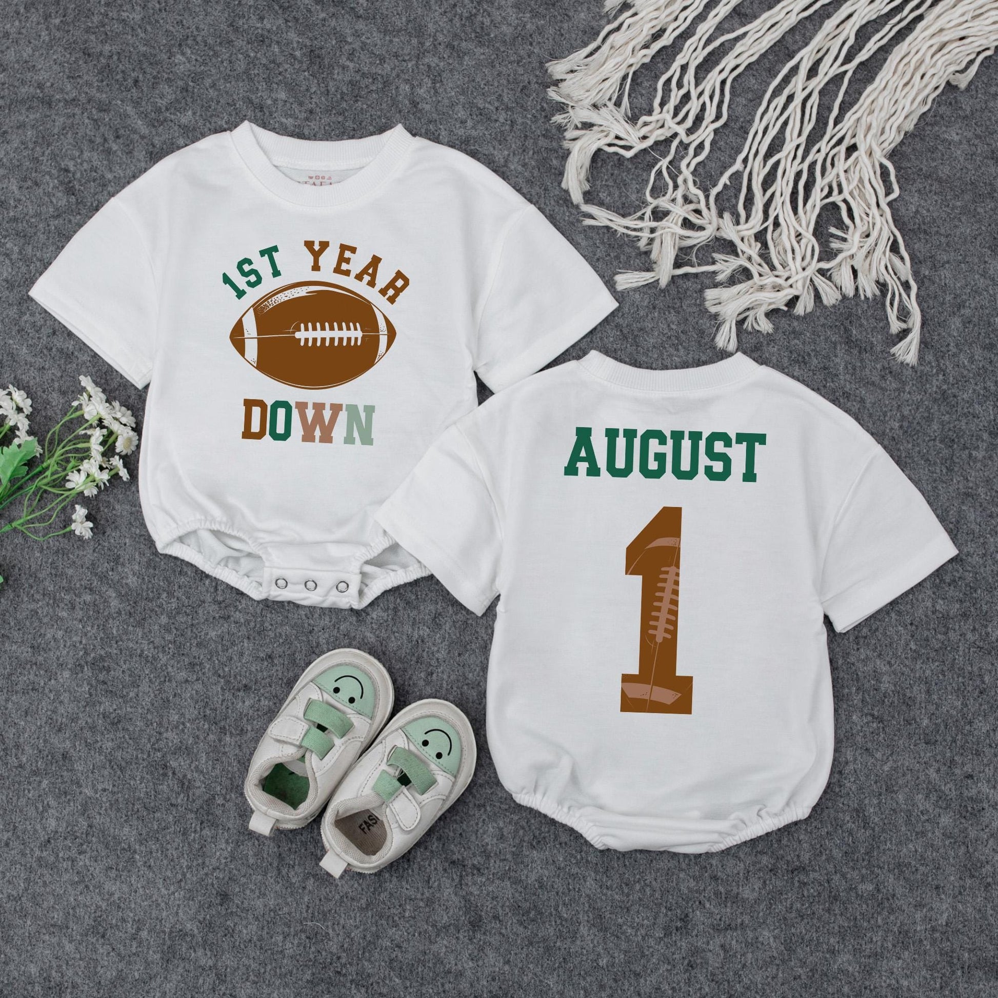 1st Year Down Football Baby Romper Green Brown August 1st Birthday Outfit Game Day Bodysuit Baby Shower Gift