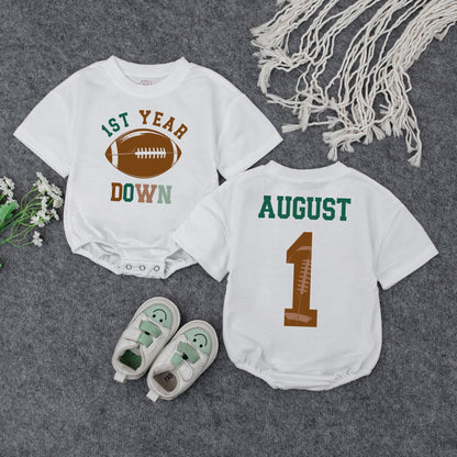 1st Year Down Football Baby Romper Green Brown August 1st Birthday Outfit Game Day Bodysuit Baby Shower Gift