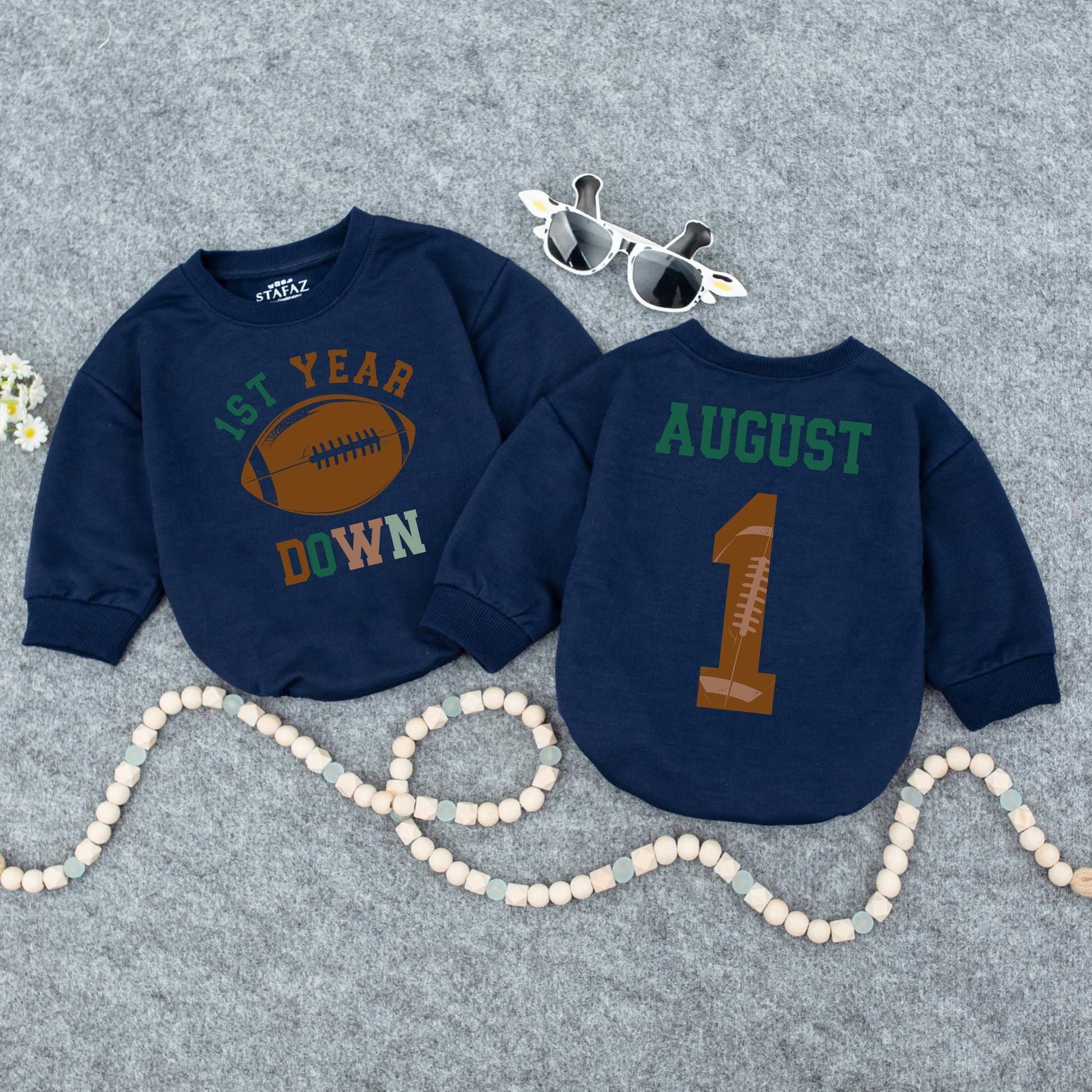 1st Year Down Football Baby Romper Green Brown August 1st Birthday Outfit Game Day Bodysuit Baby Shower Gift