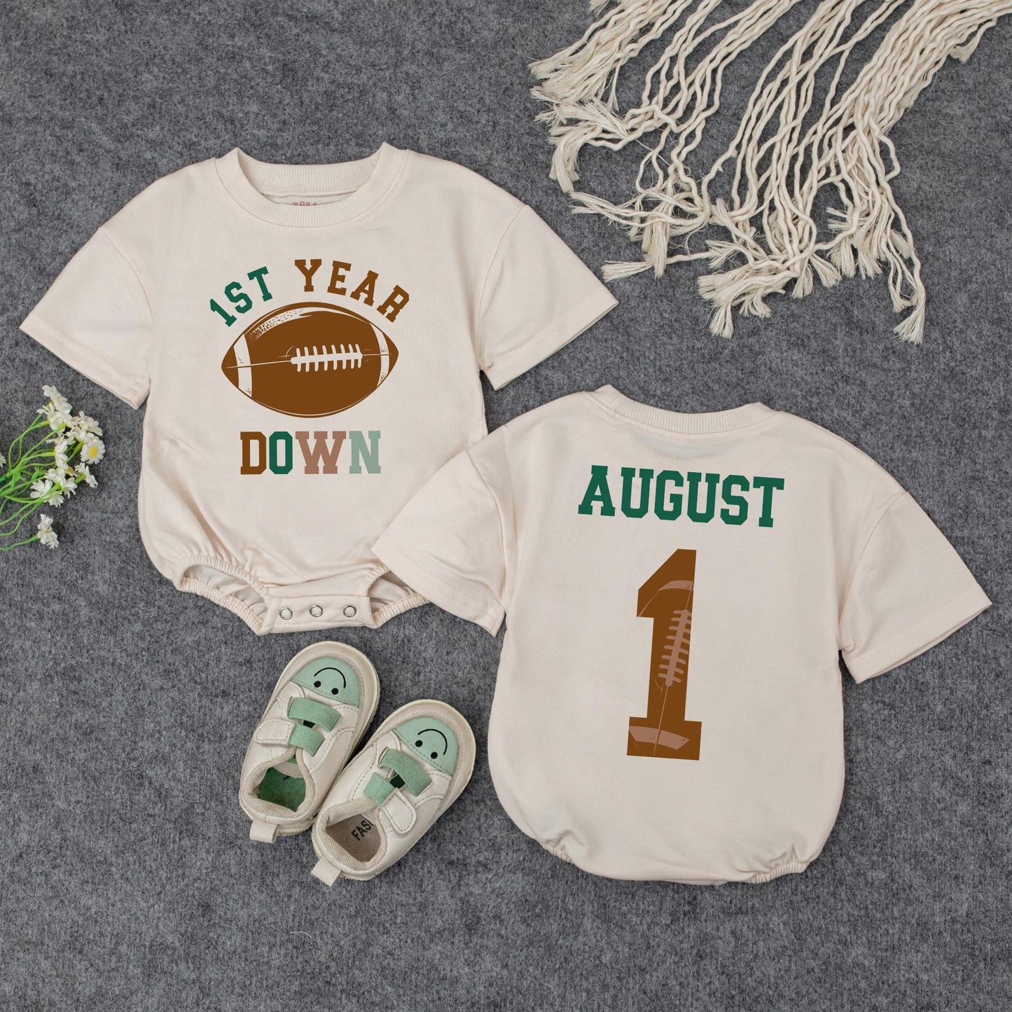 1st Year Down Football Baby Romper Green Brown August 1st Birthday Outfit Game Day Bodysuit Baby Shower Gift