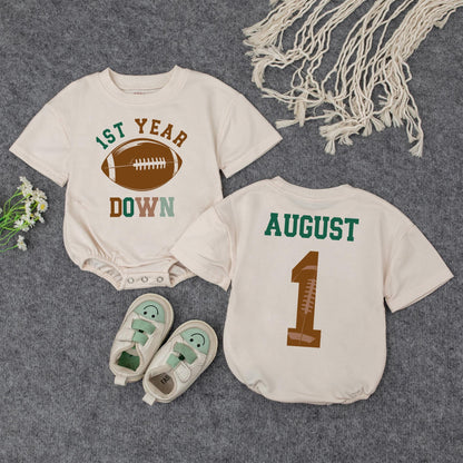 1st Year Down Football Baby Romper Green Brown August 1st Birthday Outfit Game Day Bodysuit Baby Shower Gift