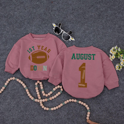 1st Year Down Football Baby Romper Green Brown August 1st Birthday Outfit Game Day Bodysuit Baby Shower Gift