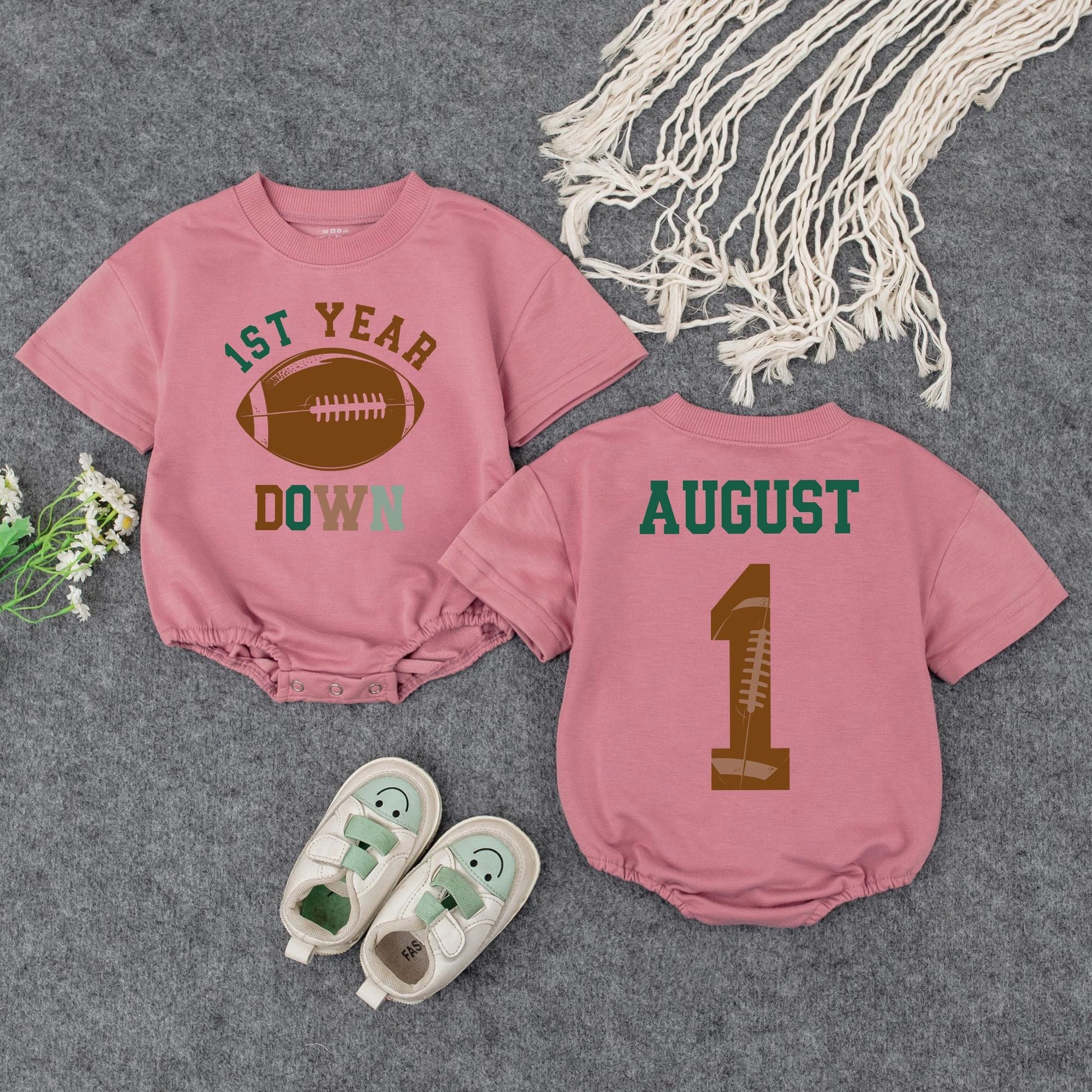 1st Year Down Football Baby Romper Green Brown August 1st Birthday Outfit Game Day Bodysuit Baby Shower Gift