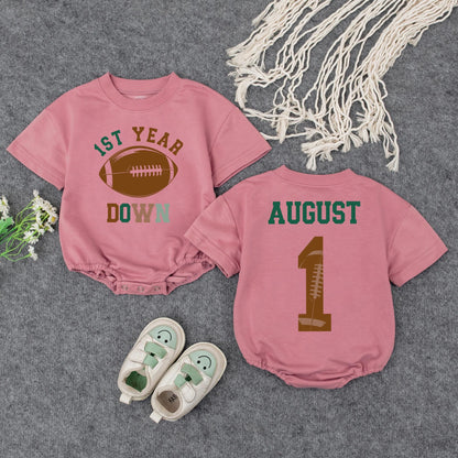 1st Year Down Football Baby Romper Green Brown August 1st Birthday Outfit Game Day Bodysuit Baby Shower Gift