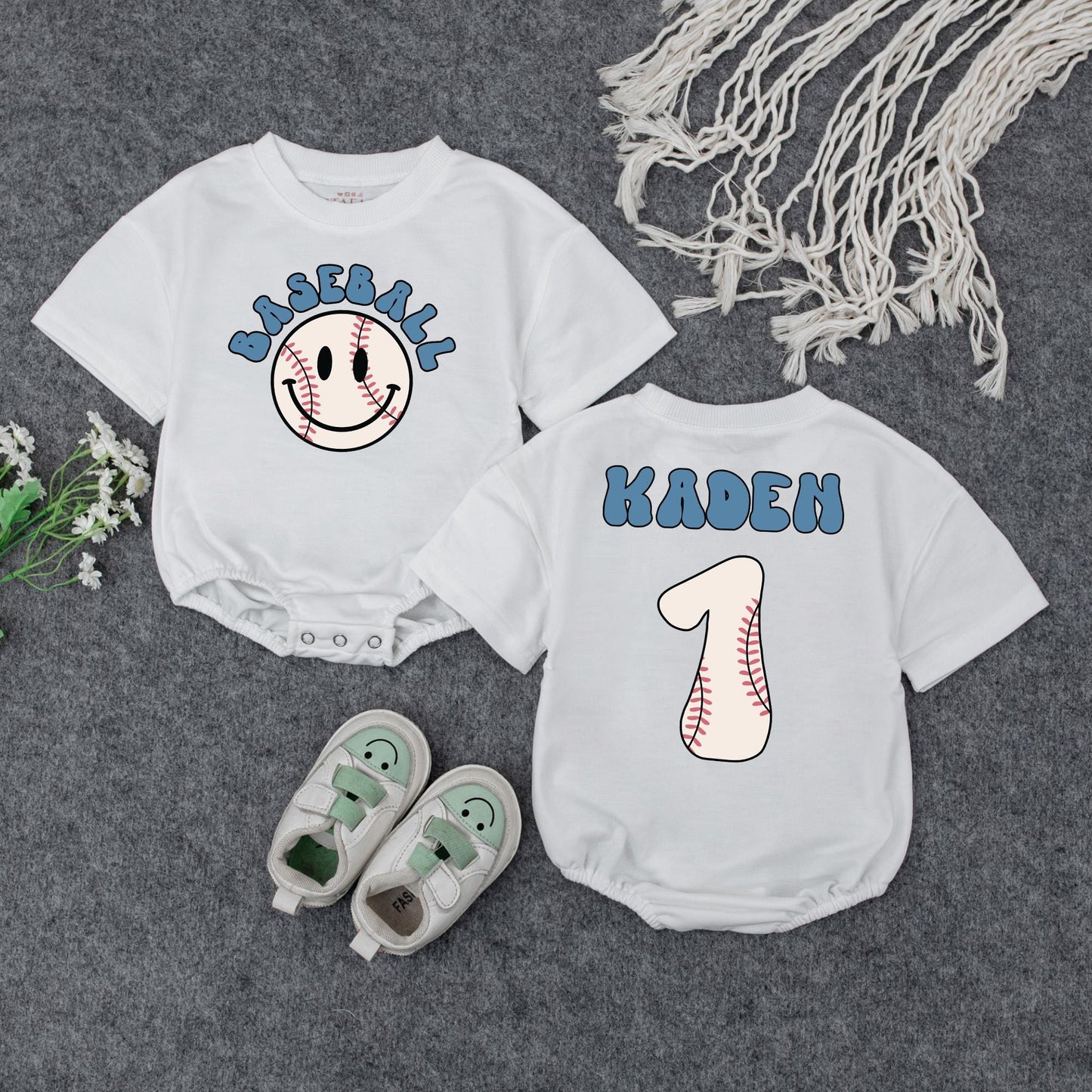 Personalized Baseball Baby Romper, Retro Game Day Outfit, Custom Kaden Number 1, Vintage Inspired Boy Clothes, First Birthday Shower Gift 135 char