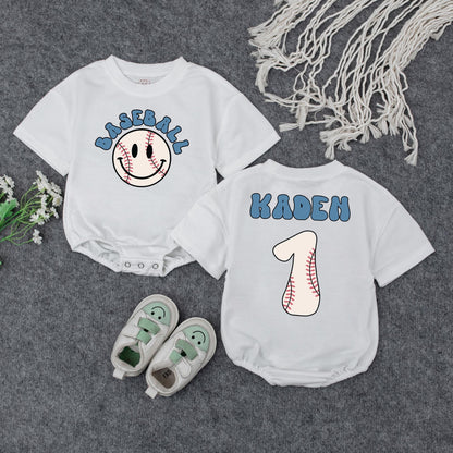 Personalized Baseball Baby Romper, Retro Game Day Outfit, Custom Kaden Number 1, Vintage Inspired Boy Clothes, First Birthday Shower Gift 135 char